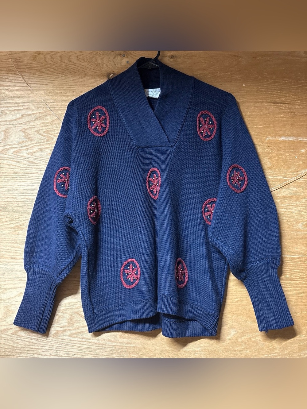 Chaus Vintage Navy Embroidered V-Neck Sweater with Red Accents